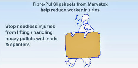 Photo showing that fibre-pul slipsheets from Marvatex reduce worker injuries because they weight less than wooden pallets and they don't have nails and splinters